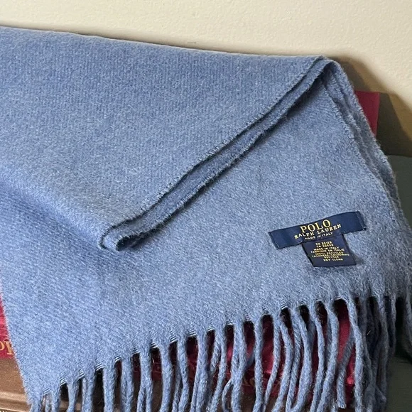 Polo Ralph Lauren Signature Embroidered Pony 100% Cashmere Blue Scarf w Fringe - Picture 7 of 10